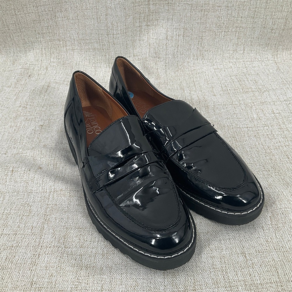 Franco Sarto Loafers Womens 7.5M Black‎ Patent Cassandra Lug Sole Penny Classic